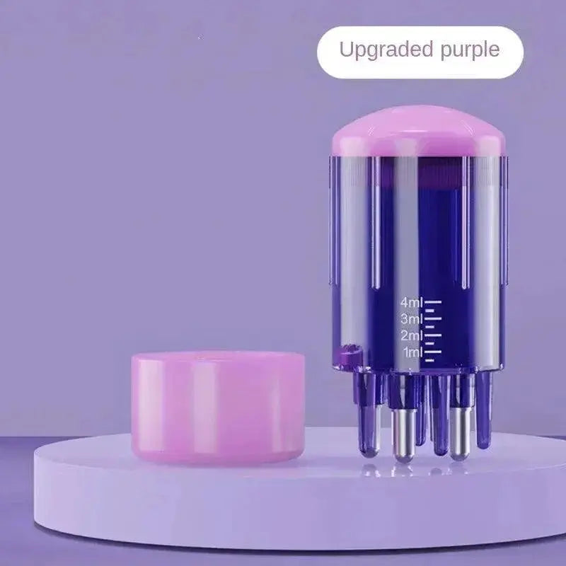 Upgraded purple scalp massage comb with detachable cap and measurement markings, on purple background.