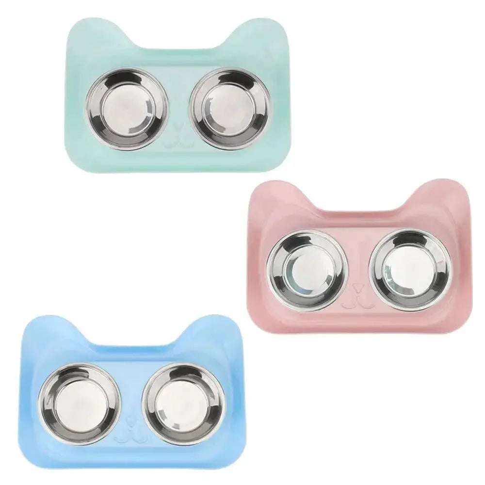 Cute Cat Double Bowl Set Non Slip Feeder For Pets Deluxe