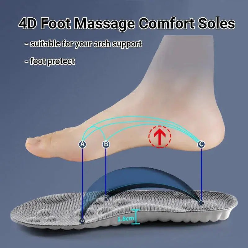 Grey sports insole with arch support and diagram showing foot alignment for comfort.