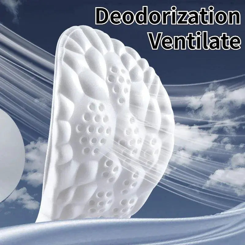 Textured white sports insole with airflow design, deodorizing and ventilated, on airy background.