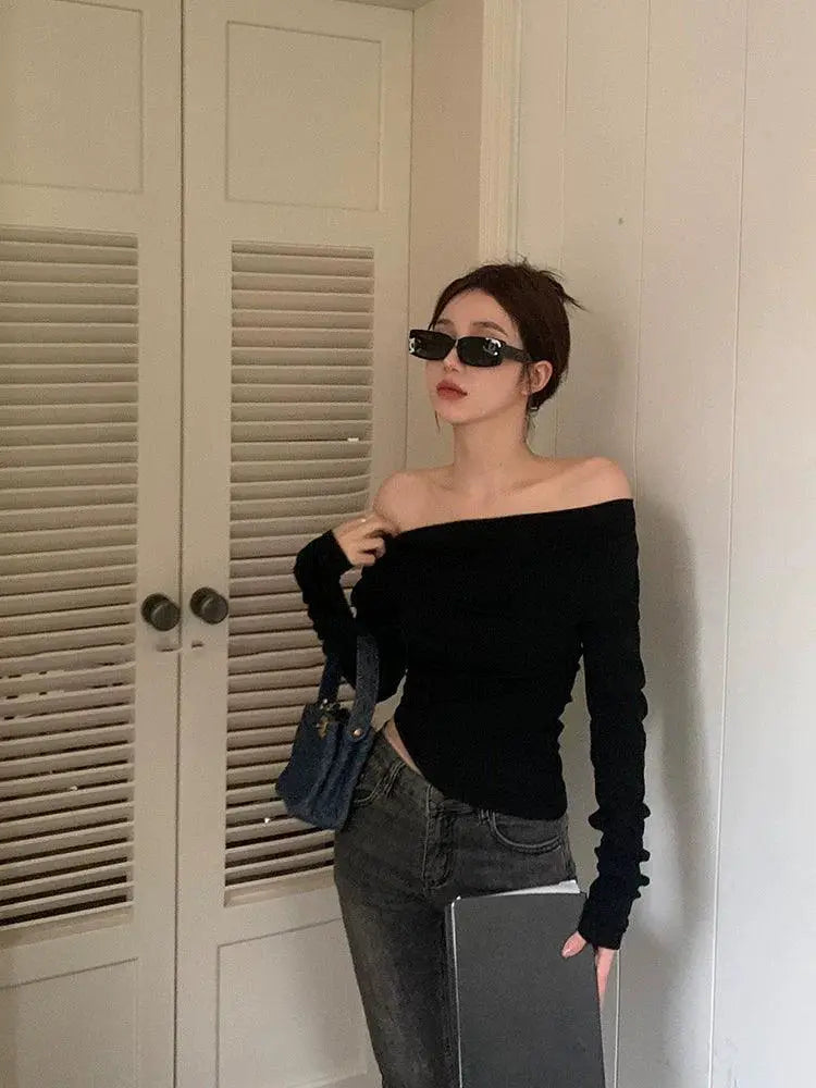 Gray Spring Fashion Crop Top Off Shoulder Shirt Chic