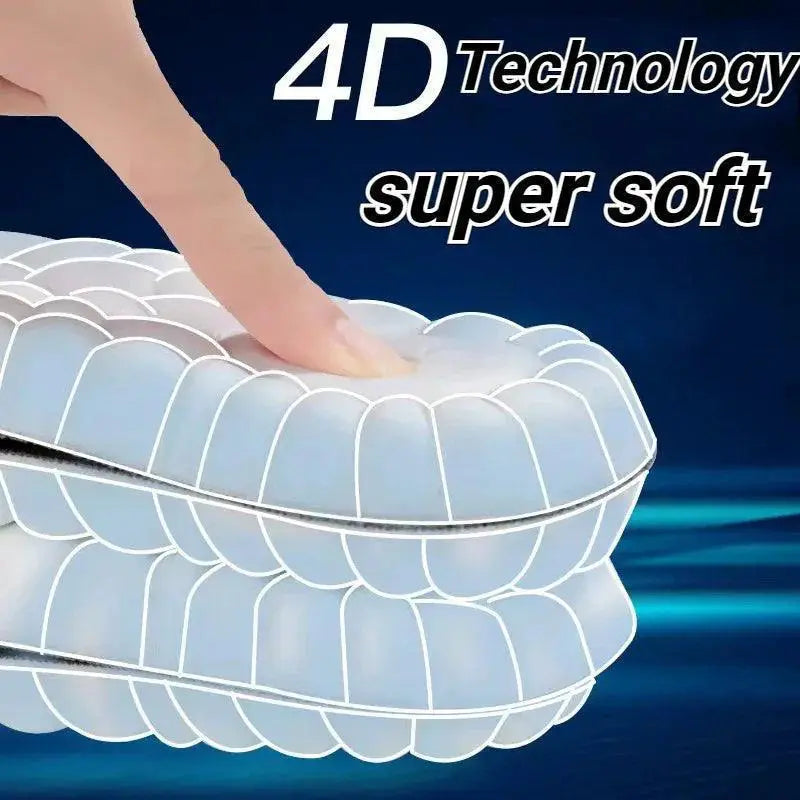Hand pressing ultra-soft 4D technology insoles, highlighting comfort and arch support