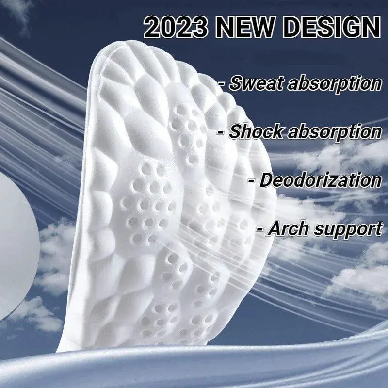 White 4D massage insole with textured arch support, features sweat absorption and shock absorption, floating against a blue sky background.