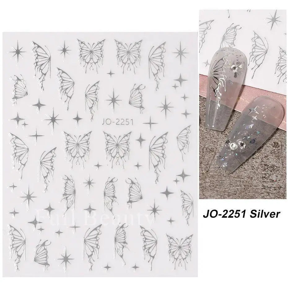 Fantasy Butterfly Nail Decals Silver Holographic Flames