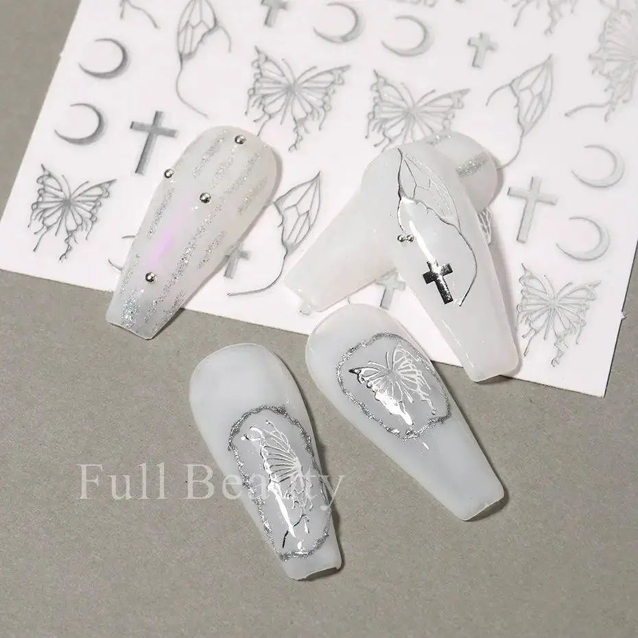 Fantasy Butterfly Nail Decals Silver Holographic Flames