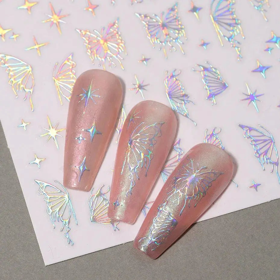 Fantasy Butterfly Nail Decals Silver Holographic Flames