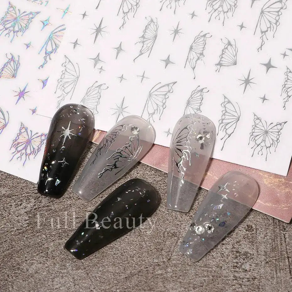 Fantasy Butterfly Nail Decals Silver Holographic Flames