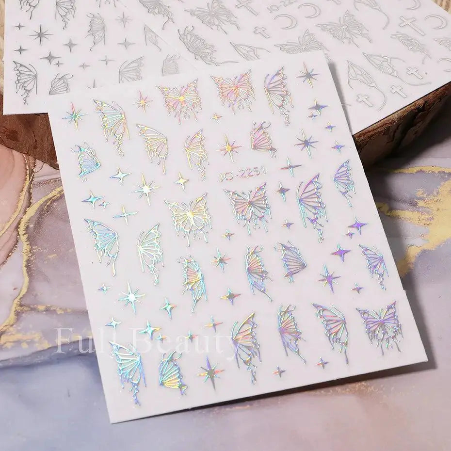 Fantasy Butterfly Nail Decals Silver Holographic Flames