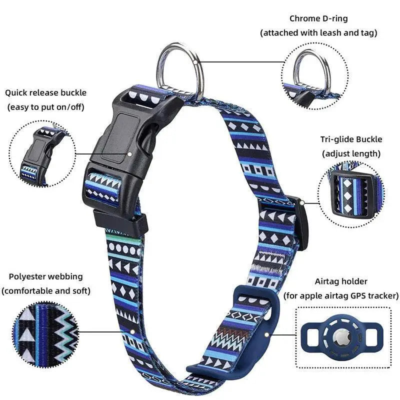 Adjustable Pet Collar With Airtag Holder Stylish Print