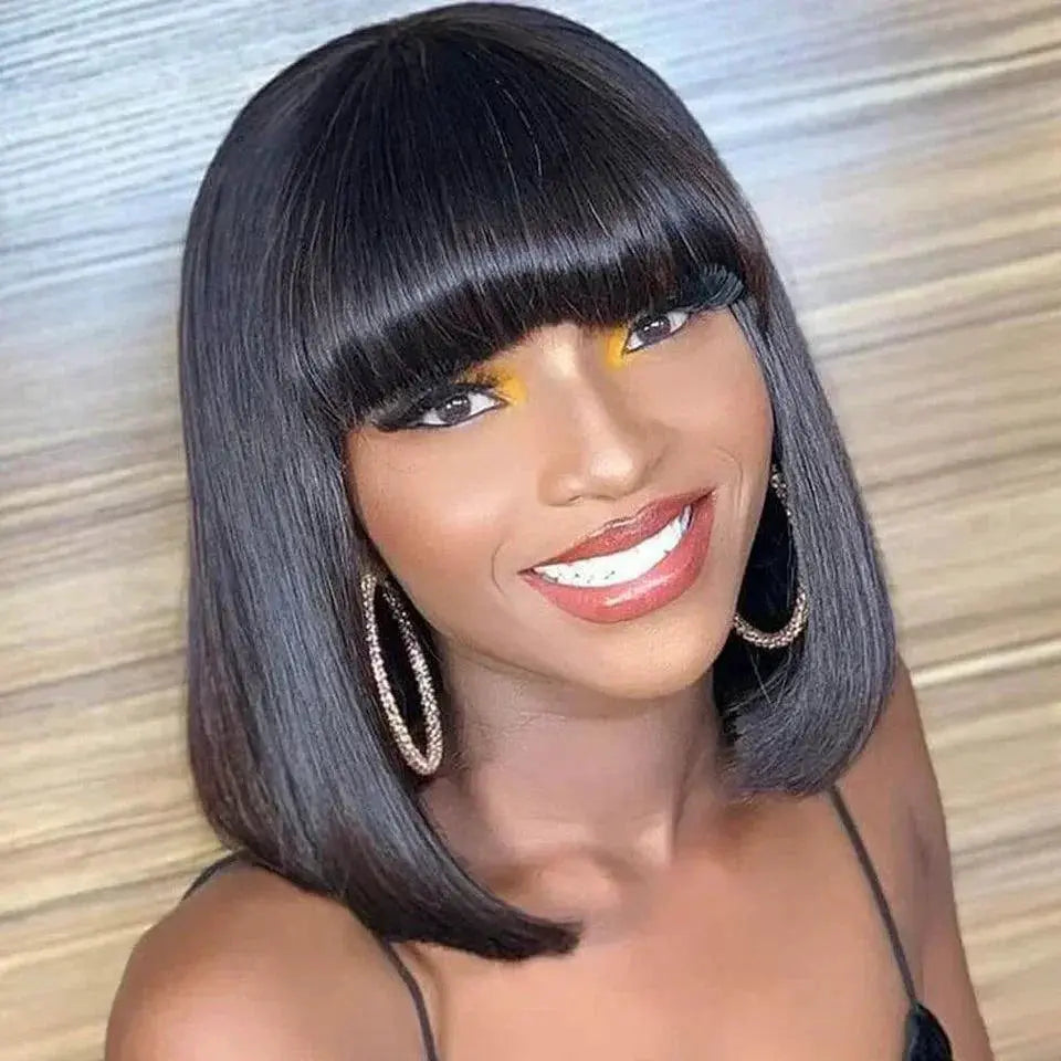 Effortless Elegance Black Bob Wig With Bangs For Women Remy