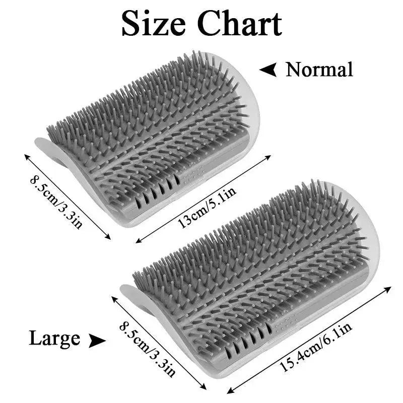 Gray cat self-groomer massage brush size chart, normal and large, with measurements in cm and inches.