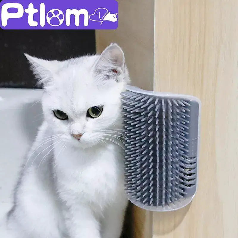 White cat using light blue self-groomer cat brush with catnip on a corner wall.