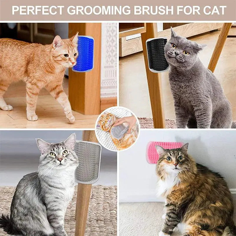 Cats using self-groomer massage brushes in assorted colors on furniture legs, catnip grooming tool
