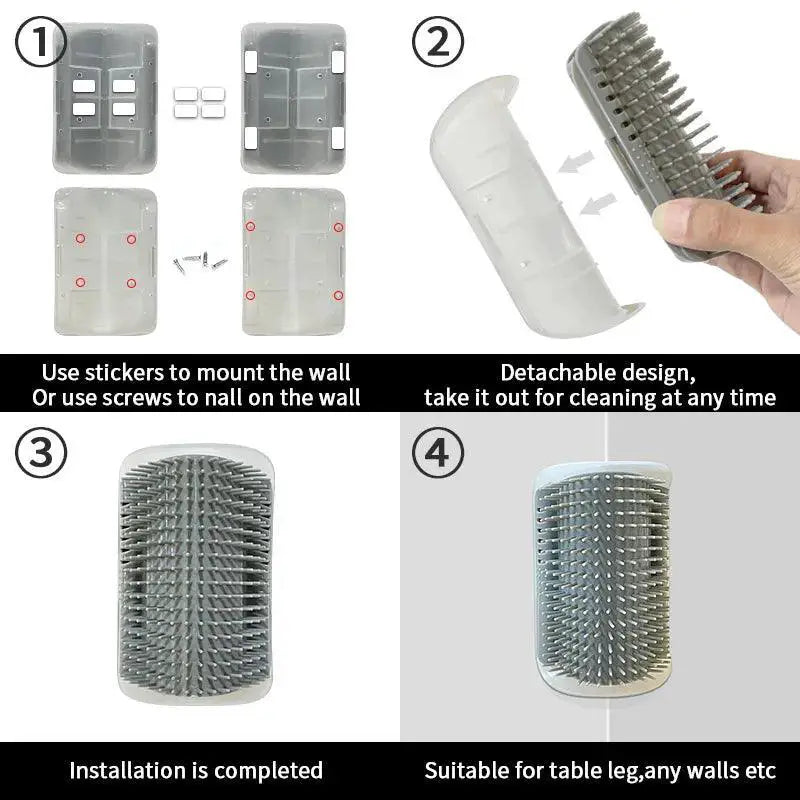 Light blue cat self groomer massage brush installation guide, detachable wall mount design