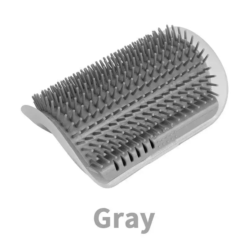 Gray cat self-groomer massage brush with soft bristles for pet grooming