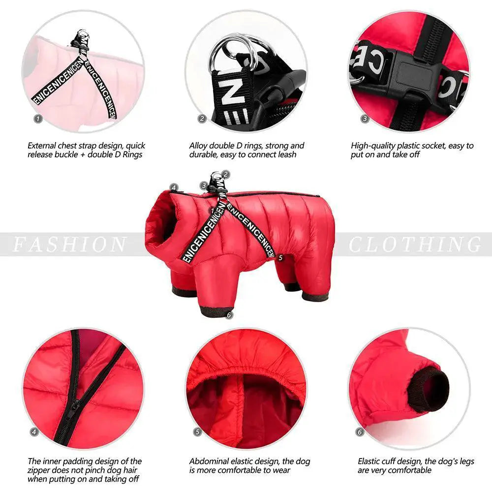 Hooded Winter Dog Jacket Stylish Waterproof Harness for Dogs
