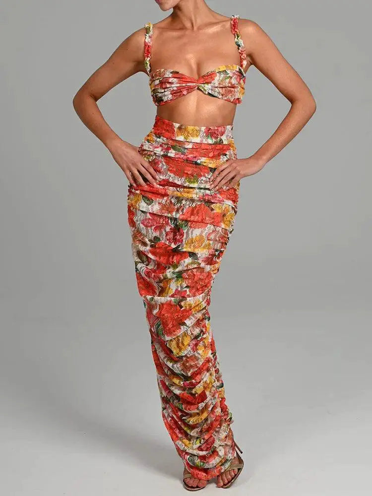 Mozision Womens Floral Strapless Top With Skirt Party Set