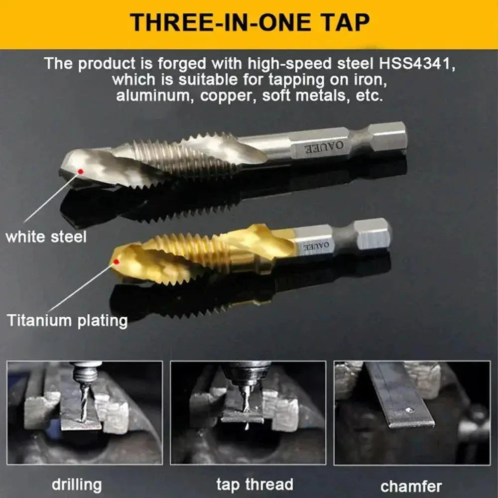 Titanium Plated HSS Tap Drill Bit Set Screw Thread Hex Shank