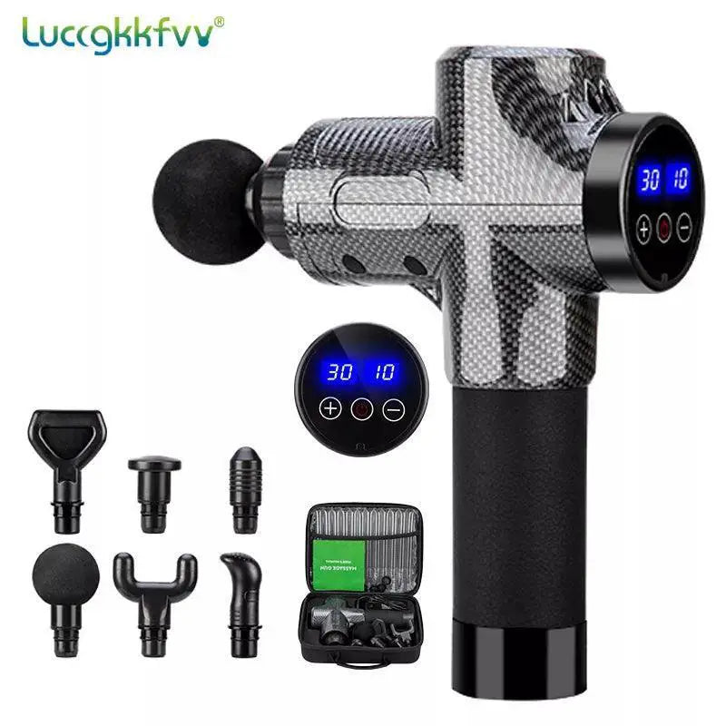 Carbon fiber massage gun with digital display, six massage heads, and carrying case