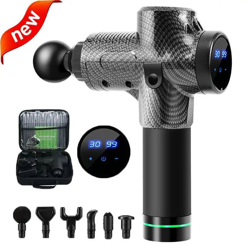 Carbon fiber massage gun with digital display, six attachment heads, carrying case, and Type-C charging