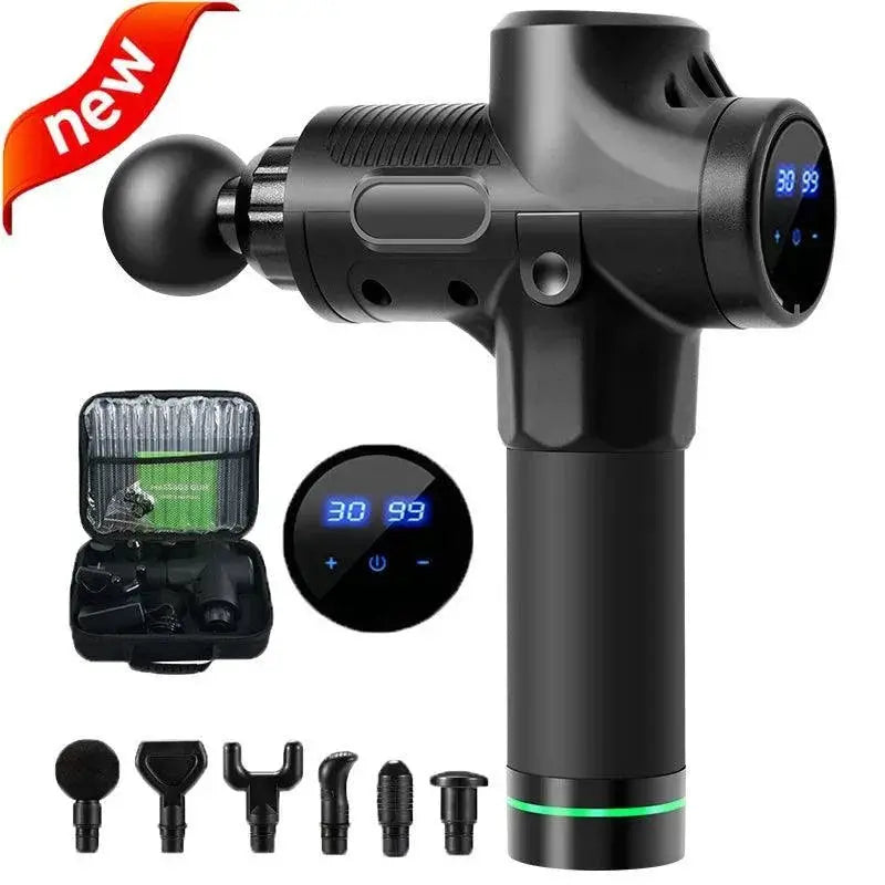 Black massage gun with digital display, six interchangeable heads, and carrying case