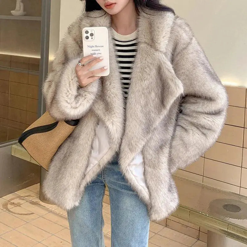 Faux Fur Coat Elegant Gradient Animal Print Outerwear Chic
