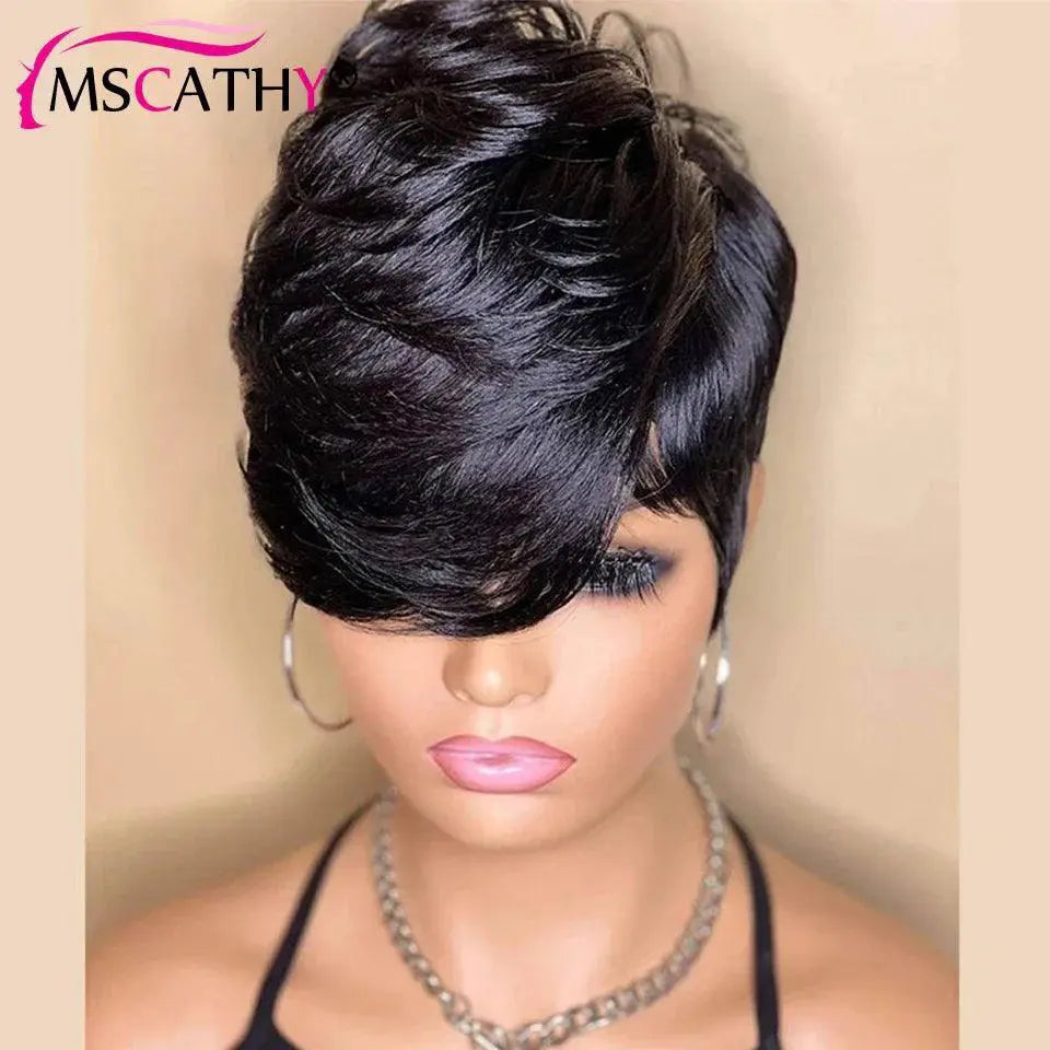 Pixie Cut Remy Human Hair Wig Natural Straight Bob Bangs