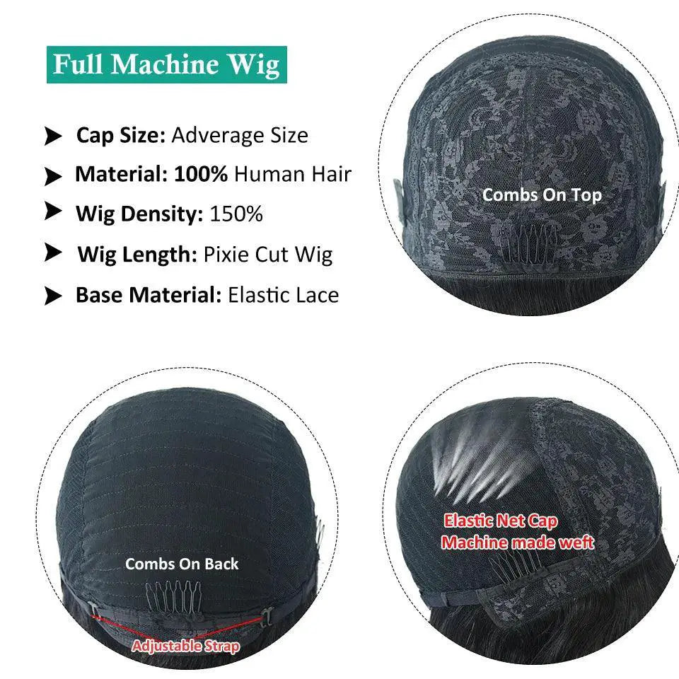 Pixie Cut Remy Human Hair Wig Natural Straight Bob Bangs