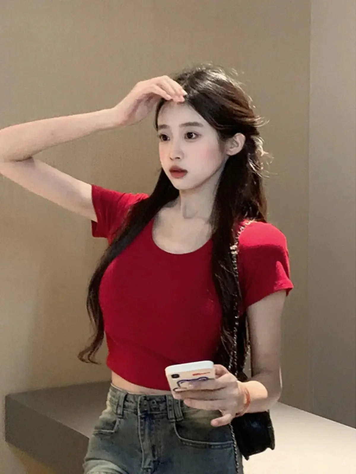 Red Slimming Tee Midriff Baring Womens Top Fashionable