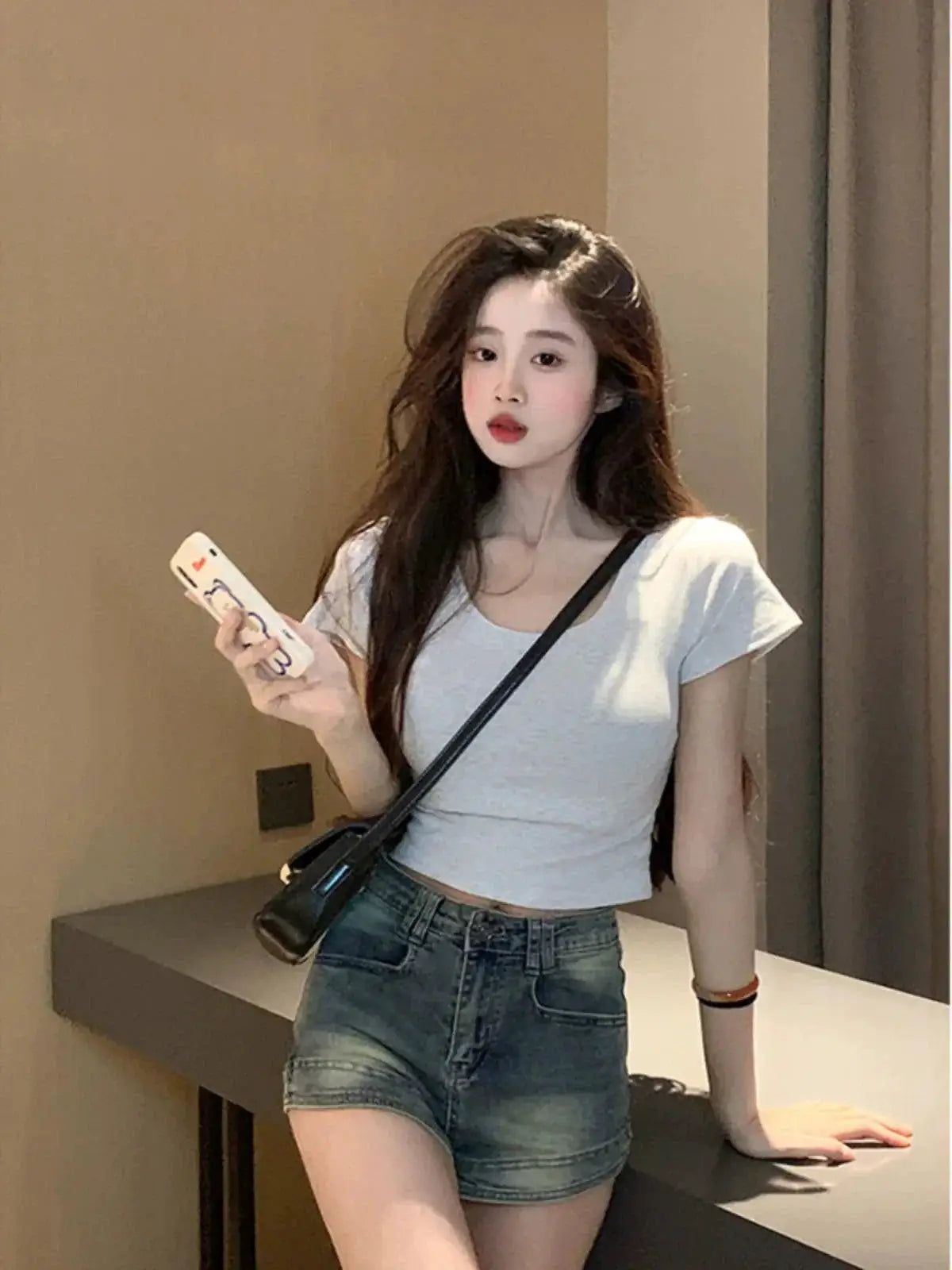 Red Slimming Tee Midriff Baring Womens Top Fashionable