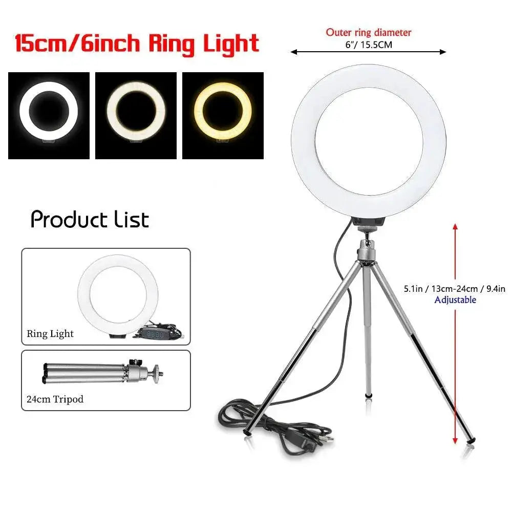 Dimmable USB Ring Light With Adjustable Tripod Stand