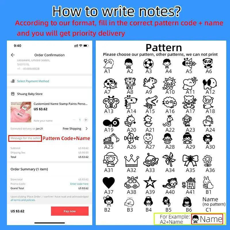 Custom Cartoon Name Stamp Kit For Kids Waterproof Durable