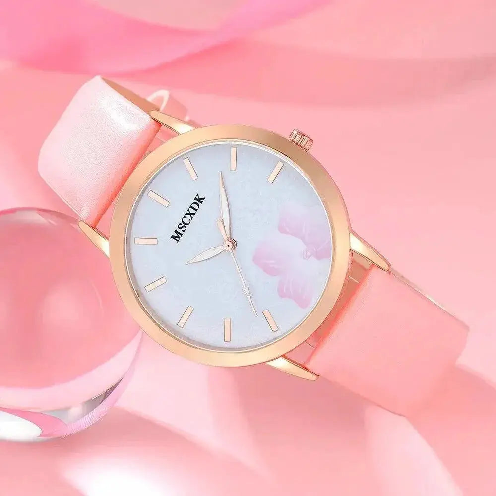 Pink Glass Womens Quartz Fashion Watch With Leather Band