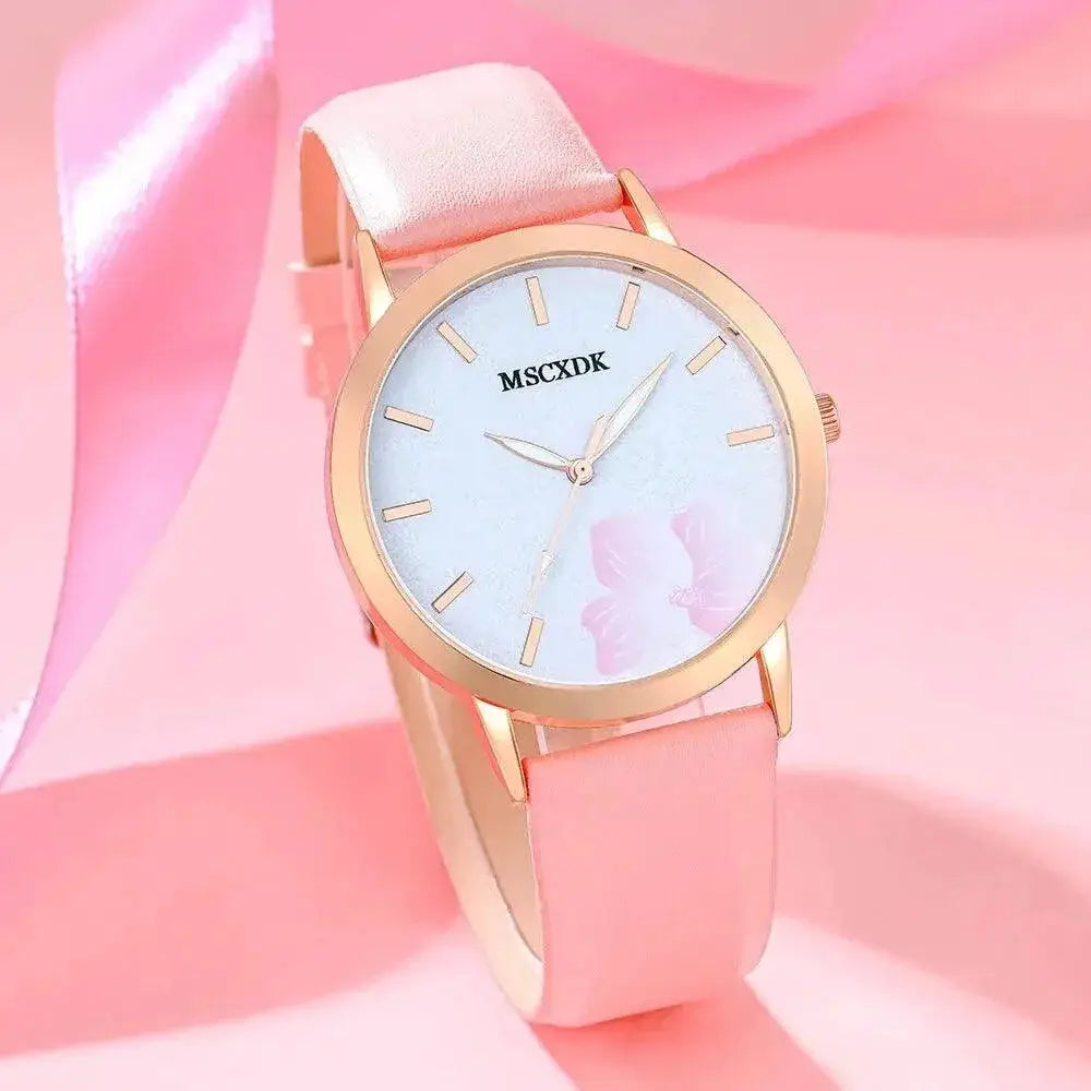 Pink Glass Womens Quartz Fashion Watch With Leather Band