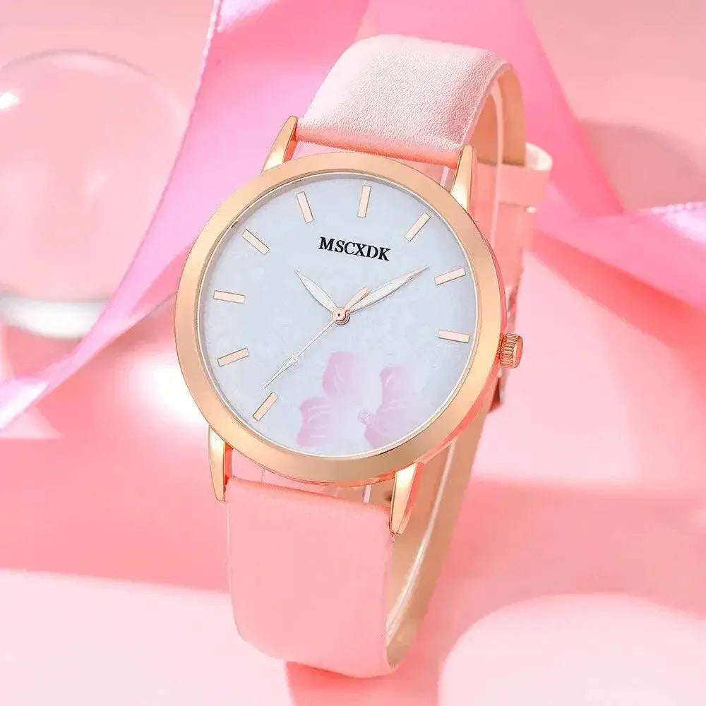 Pink Glass Womens Quartz Fashion Watch With Leather Band