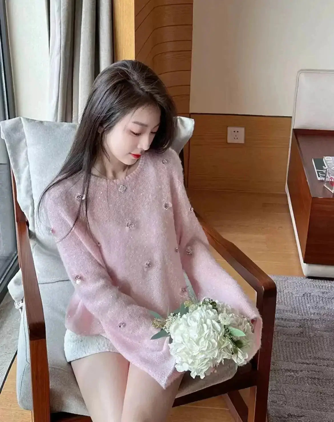 Pink Wool Knit Pullover Cozy Sweater For Autumn Fashion
