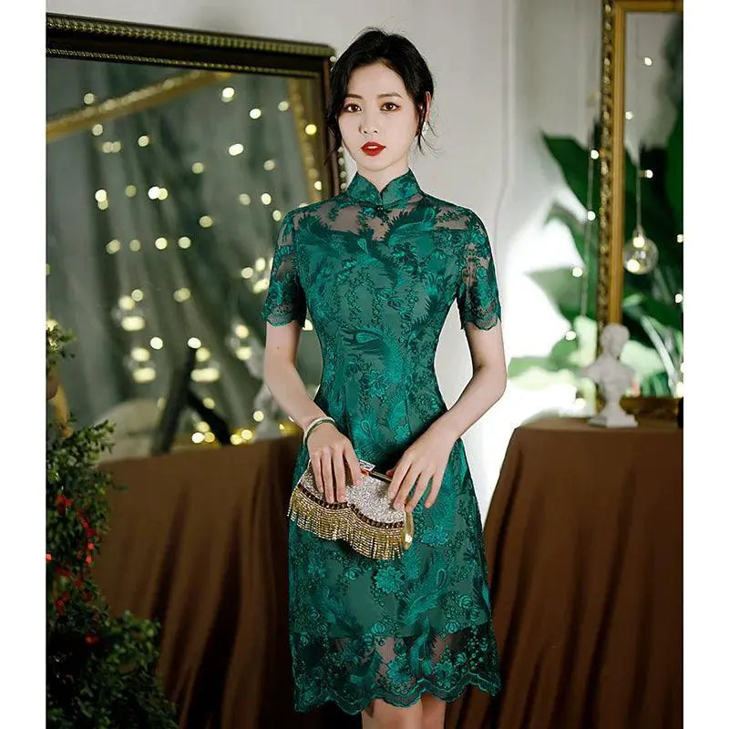 Elegant Green Lace Cheongsam Dress Retro Style Evening Wear