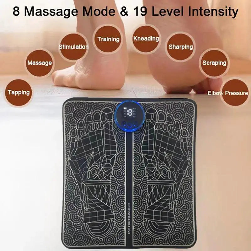 Rechargeable EMS foot massager pad with digital display and diagram, two bare feet using it