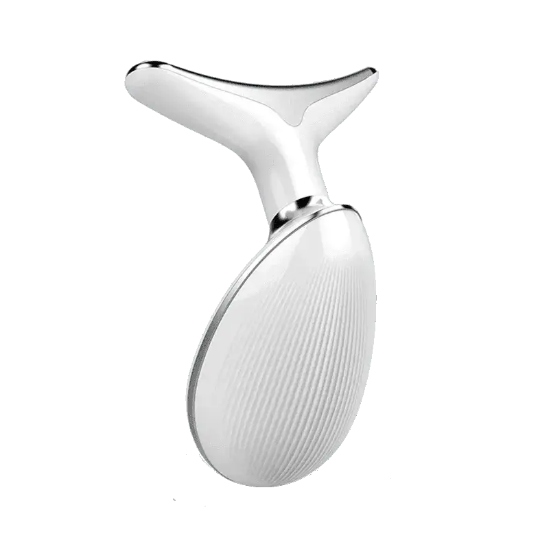 White EMS face and neck beauty device with silver trim for anti-aging skincare