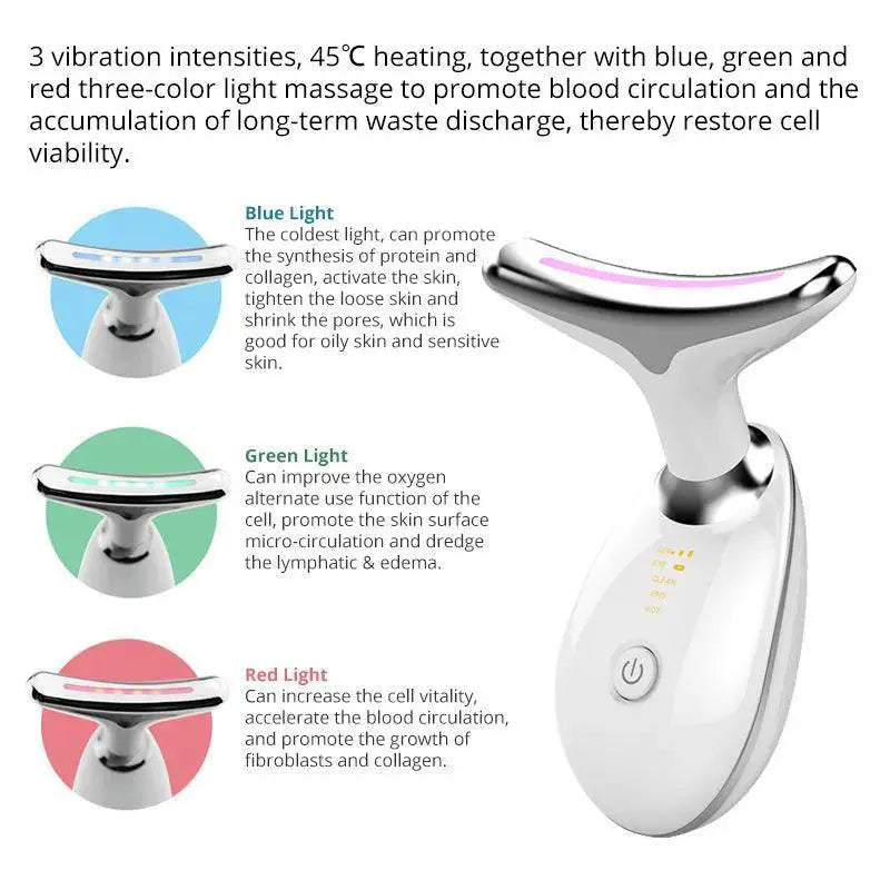 White anti-aging EMS face and neck beauty device with blue, green, and red LED light modes, power button, and ergonomic design shown against a white background.