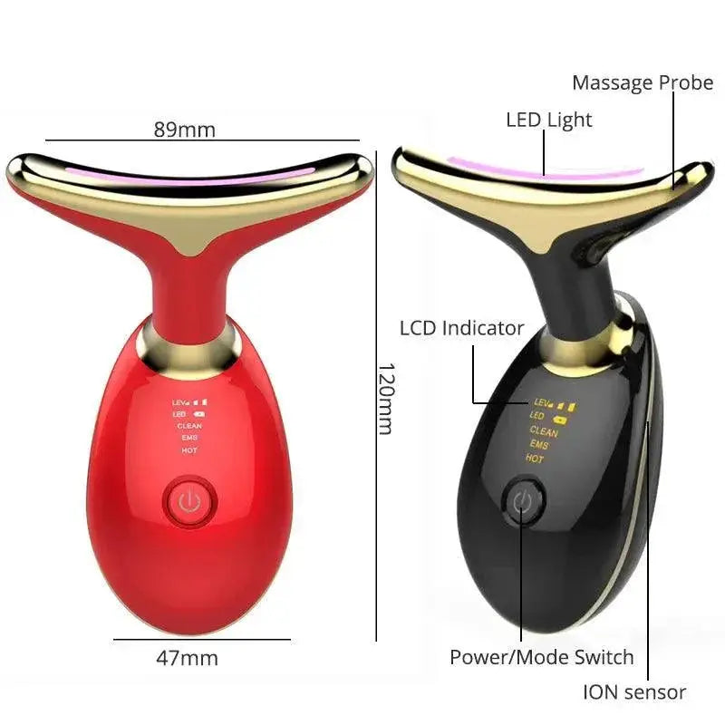 Red and black EMS face and neck beauty devices with LED light, massage probe, and LCD indicator.
