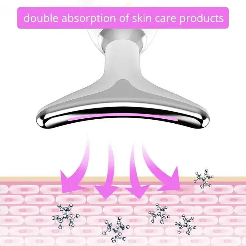 EMS face and neck beauty device enhancing skin care absorption with illustrated arrows