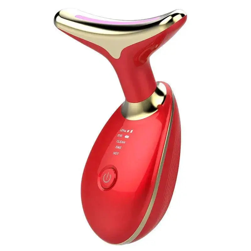 Red and gold EMS face and neck beauty device with control buttons for anti-aging skincare