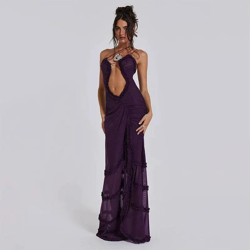 Cutenova Elegant Furry Halter Evening Gown Luxe Prom Dress
