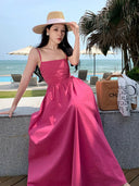 Rose Red French Style Seaside Sling Dress For Summer 2023