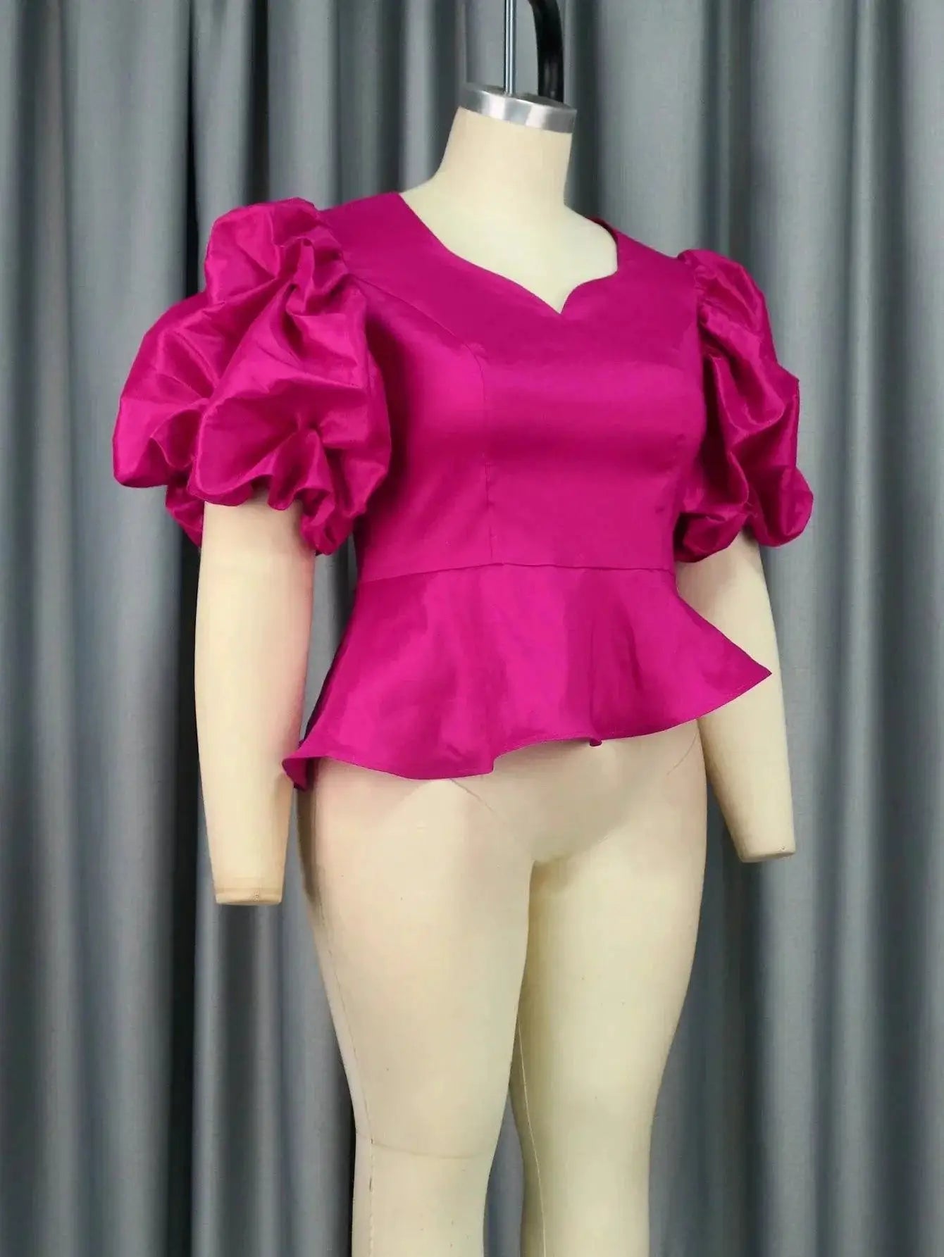 Shiny Peplum Blouse With Puff Sleeves Elegant Women Top