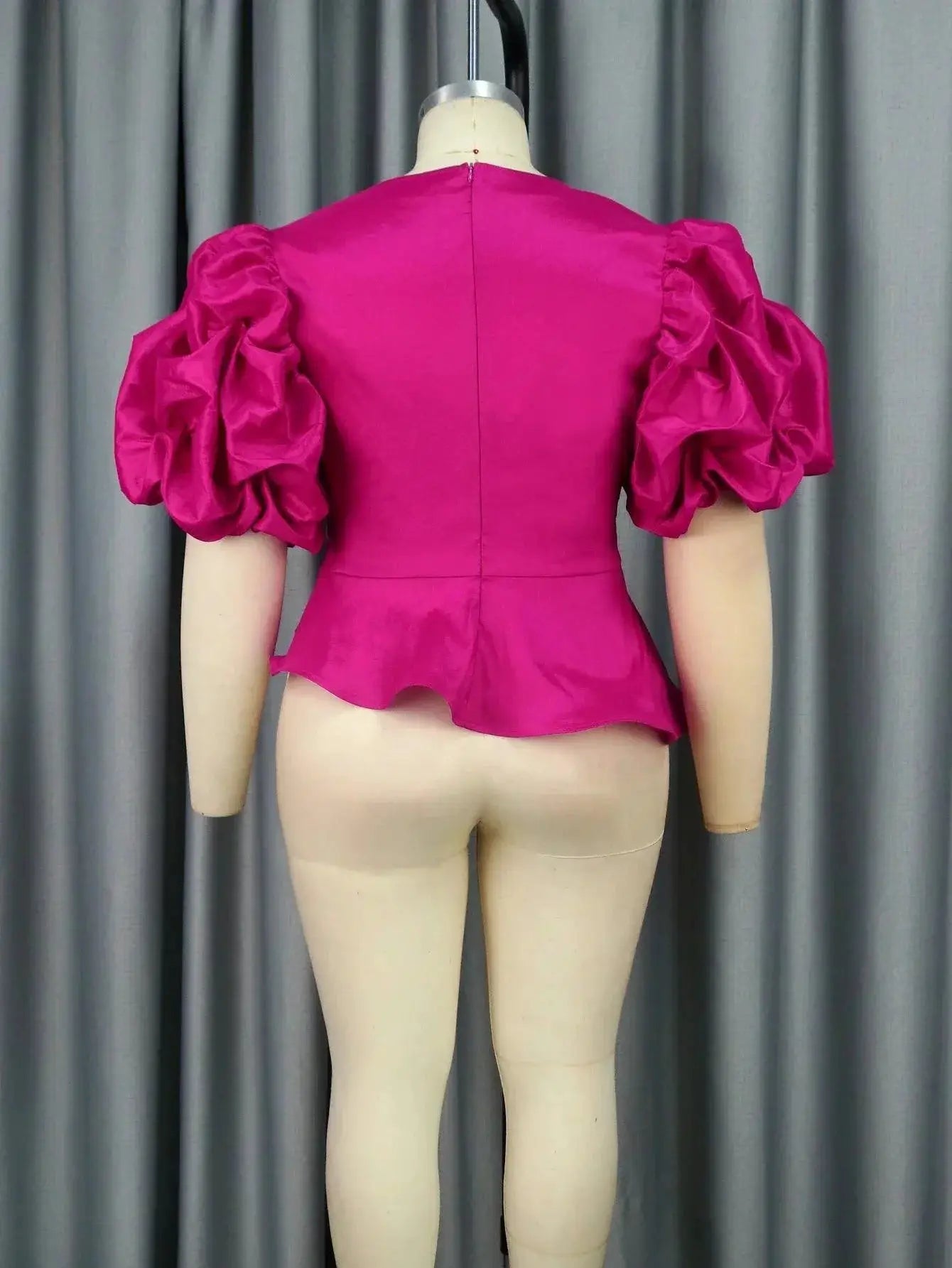 Shiny Peplum Blouse With Puff Sleeves Elegant Women Top