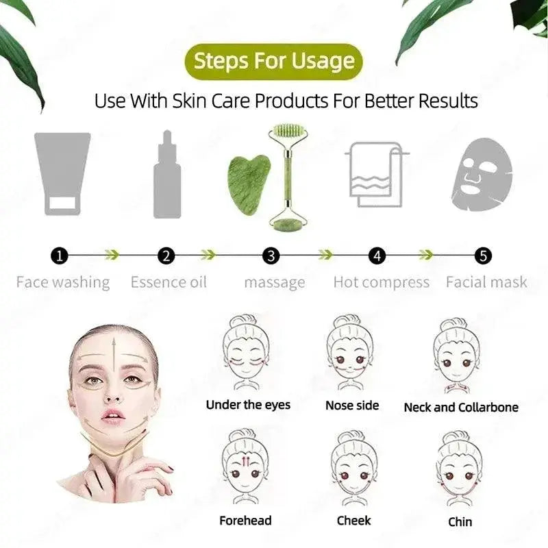 Jade Gemstone Roller And Gua Sha Facial Set For Glowing Skin
