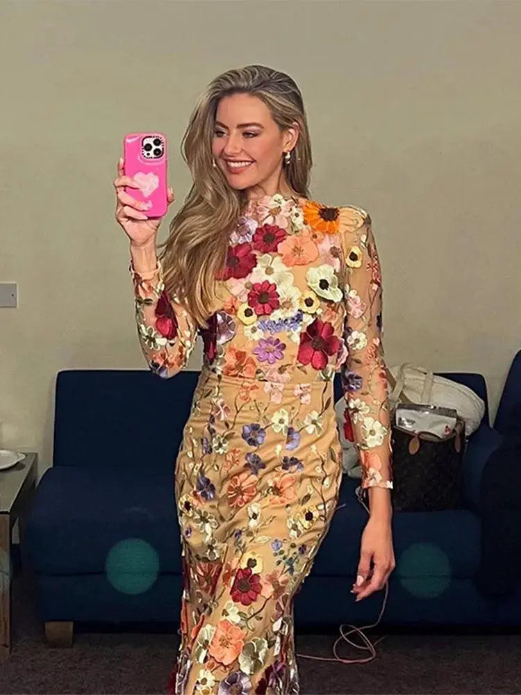 Floral Embroidered Lace Long Dress Spring Party Elegance