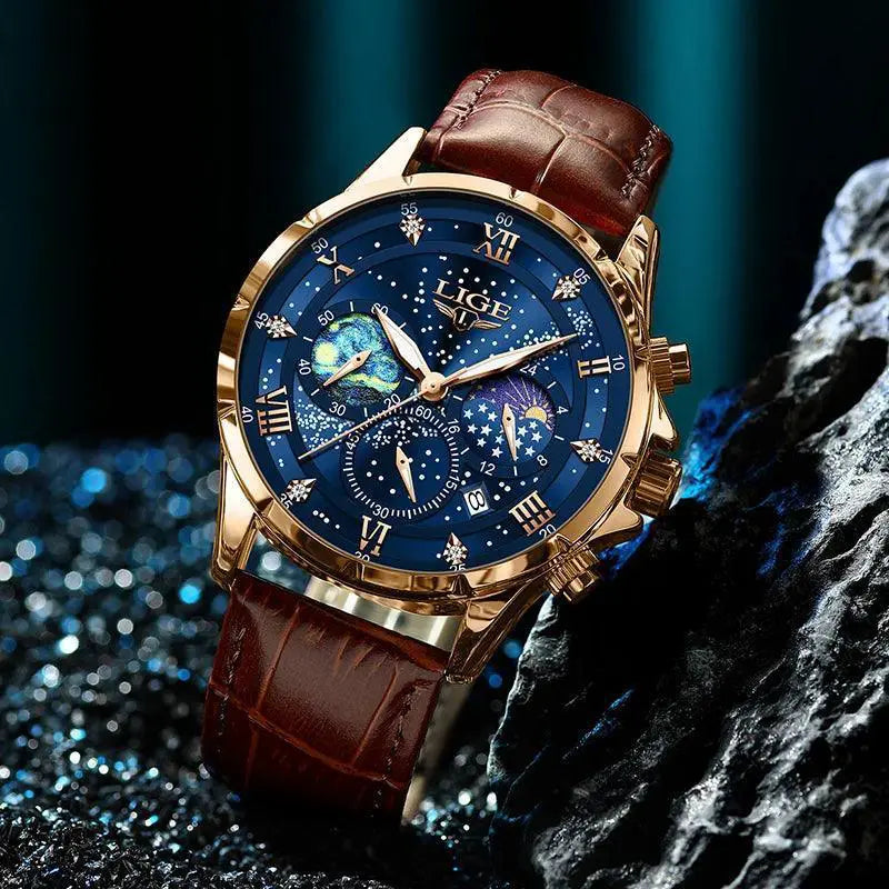 LIGE Leather Strap Chronograph Sport Watch Waterproof